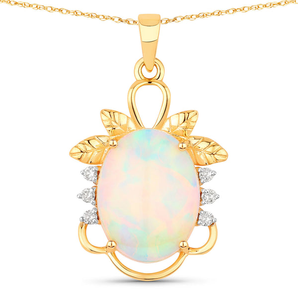 3.57 Carat Genuine Ethiopian Opal and White Diamond 14K Yellow Gold Pendant