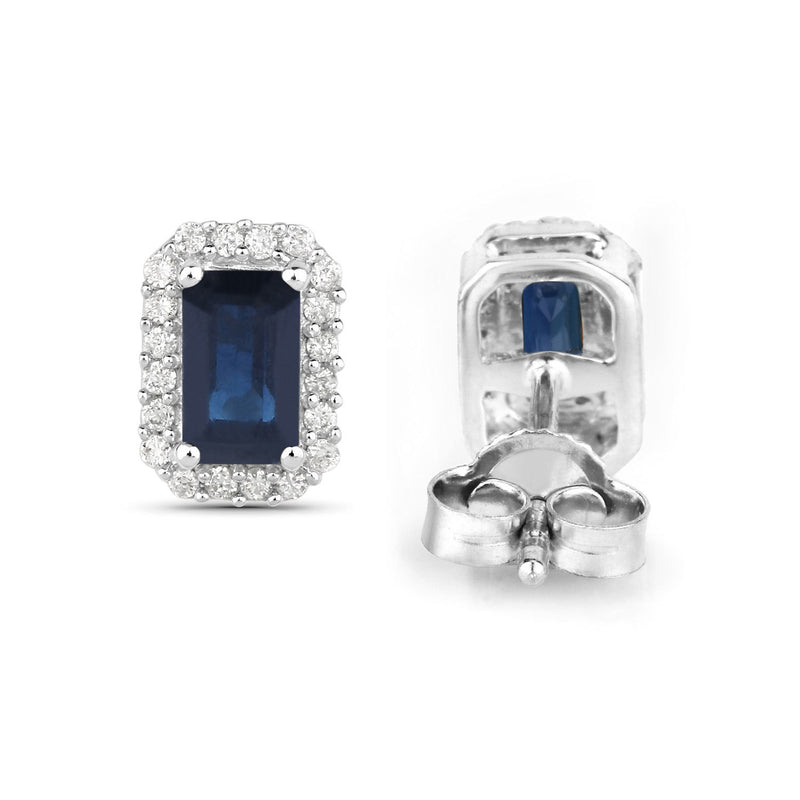 0.91 Carat Genuine Blue Sapphire and White Diamond 14K White Gold Earrings