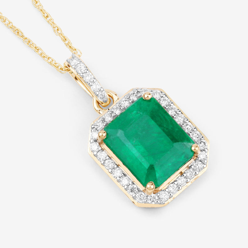 IGI Certified 3.38 Carat Genuine Zambian Emerald and White Diamond 14K Yellow Gold Pendant