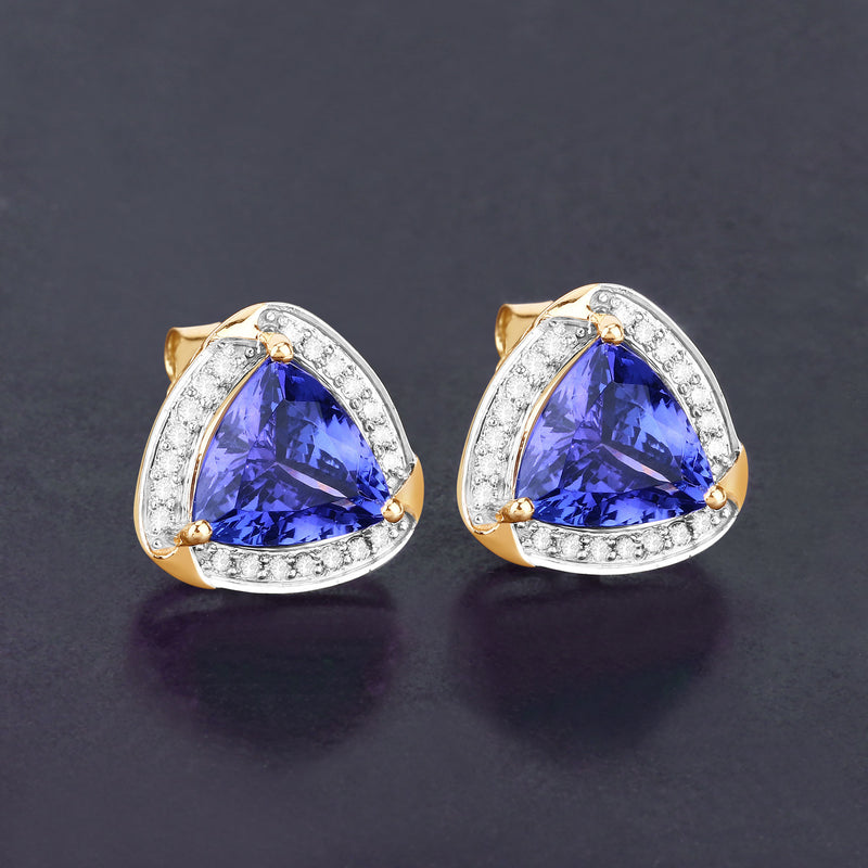 3.70 Carat Genuine Tanzanite and White Diamond 14K Yellow Gold Earrings