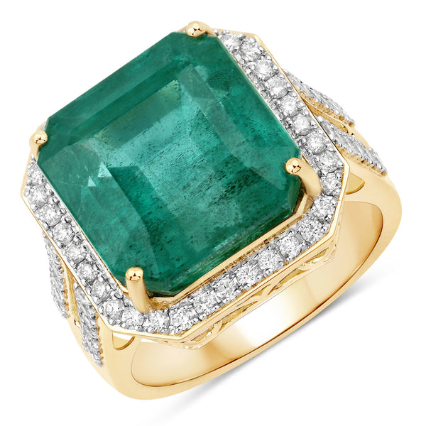 IGI Certified 13.06 Carat Genuine Zambian Emerald and White Diamond 14K Yellow Gold Ring