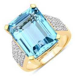 11.922 Carat Genuine Aquamarine and White Diamond 14K Yellow Gold Ring