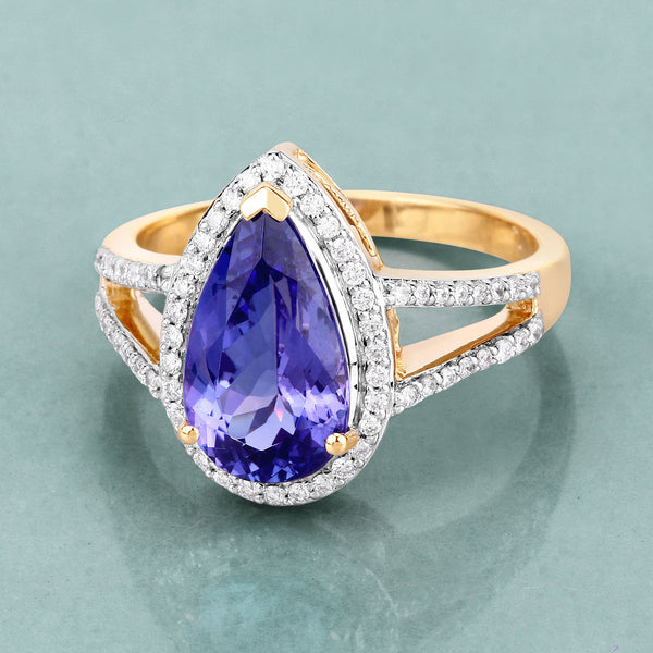 3.45 Carat Genuine Tanzanite and White Diamond 14K Yellow Gold Ring