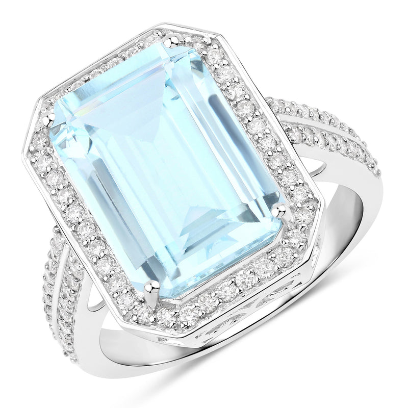 5.85 Carat Genuine Aquamarine and White Diamond 14K White Gold Ring