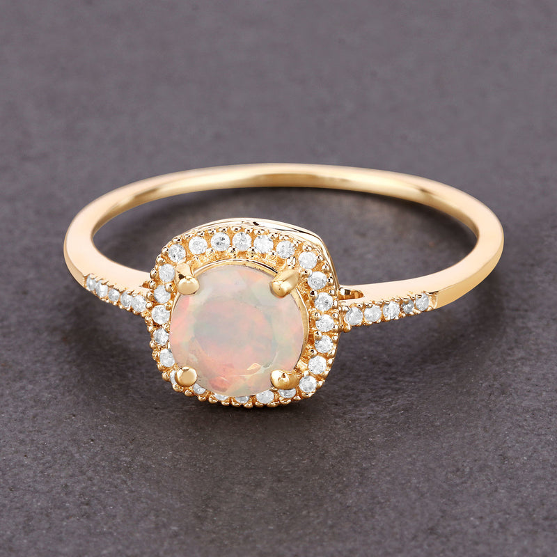 0.59 Carat Genuine Ethiopian Opal and White Diamond 14K Yellow Gold Ring