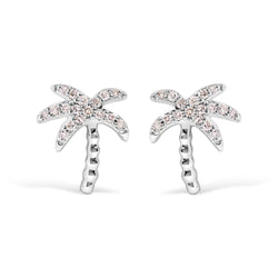 10K White Gold 1/10 Cttw Diamond  Encrusted Palm Tree Stud Earrings (H-I Color, I1-I2 Clarity)