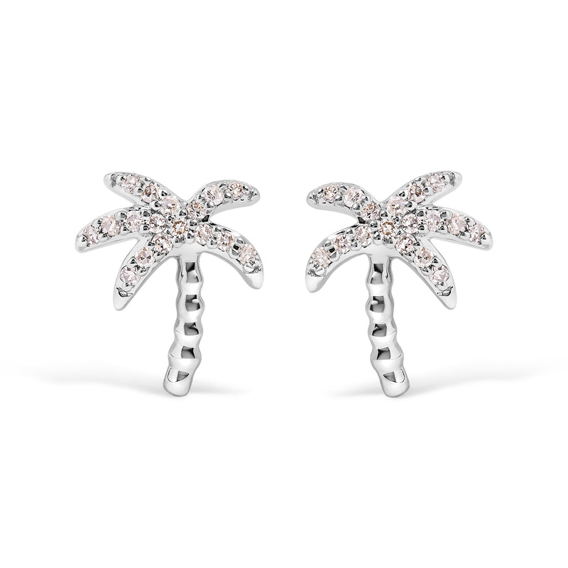 10K White Gold 1/10 Cttw Diamond  Encrusted Palm Tree Stud Earrings (H-I Color, I1-I2 Clarity)