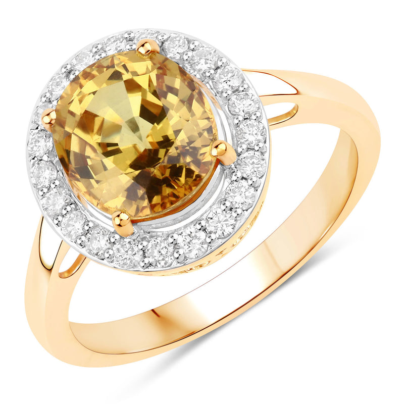 3.59 Carat Genuine Yellow Sapphire and White Diamond 14K Yellow Gold Ring