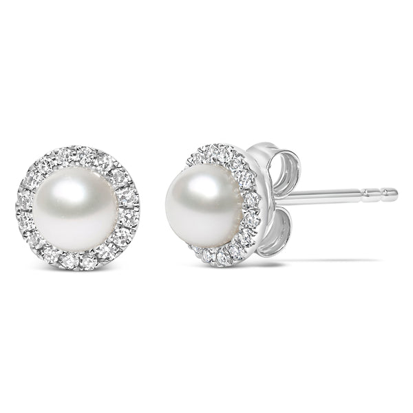 10K White Gold 4.5mm Cultured Freshwater Pearl and 1/7 Cttw Diamond Halo Stud Earring (I-J Color, I1-I2 Clarity)