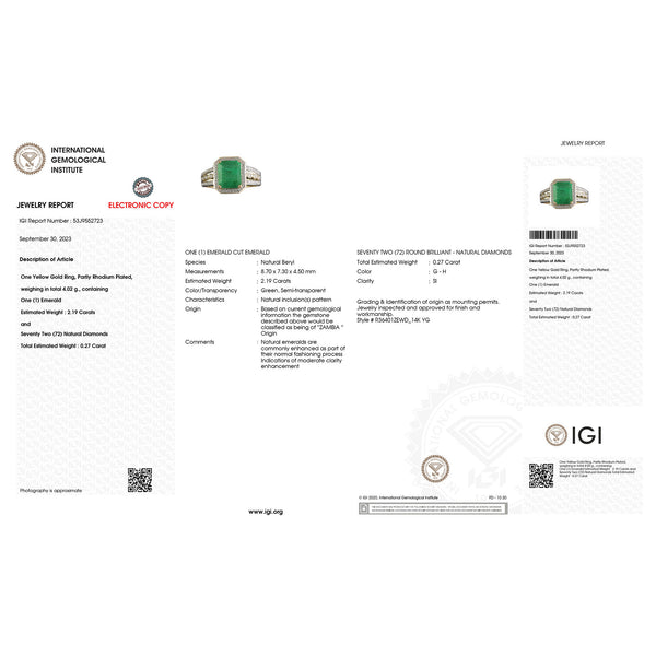 IGI Certified 2.46 Carat Genuine Zambian Emerald and White Diamond 14K Yellow Gold Ring