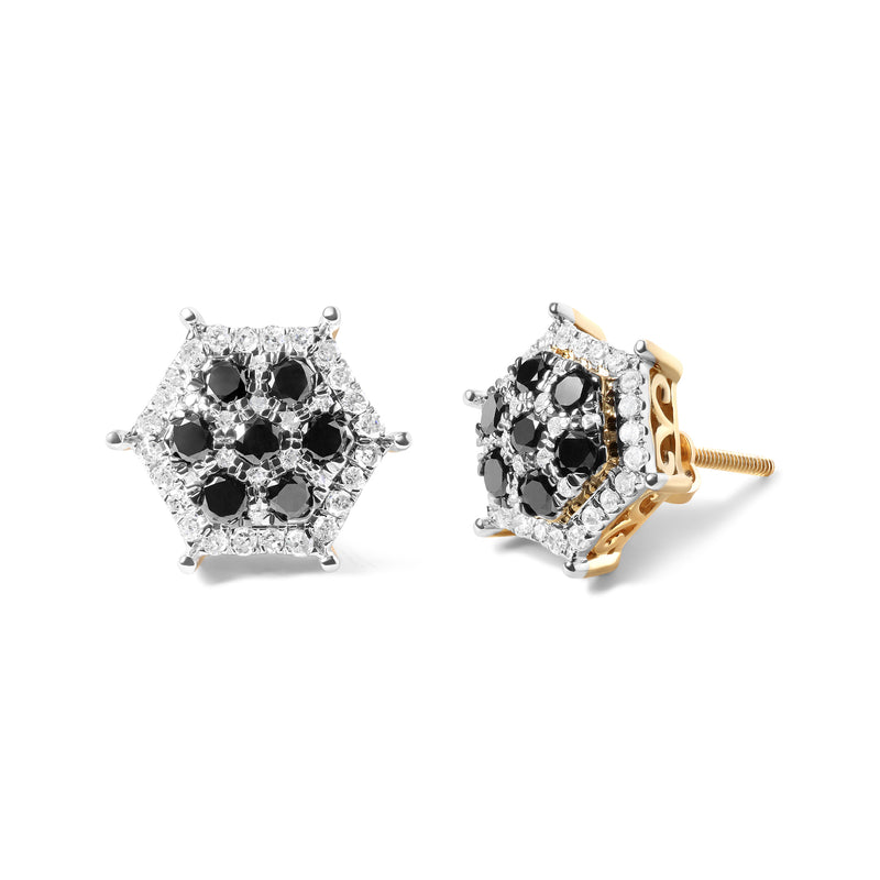 Men's 10K Yellow Gold 7/8 Cttw Black Diamond Hexagon and Pinwheel Halo Stud Earring (I-J Color, I2-I3 Clarity)