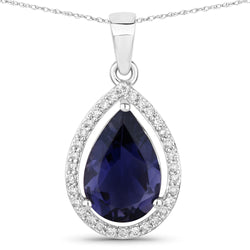 2.28 Carat Genuine Iolite and White Diamond 14K White Gold Pendant