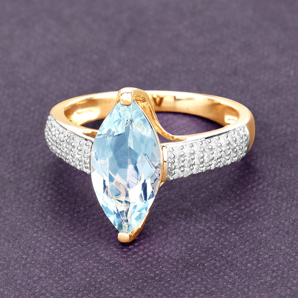 2.09 Carat Genuine Aquamarine and White Diamond 14K Yellow Gold Ring