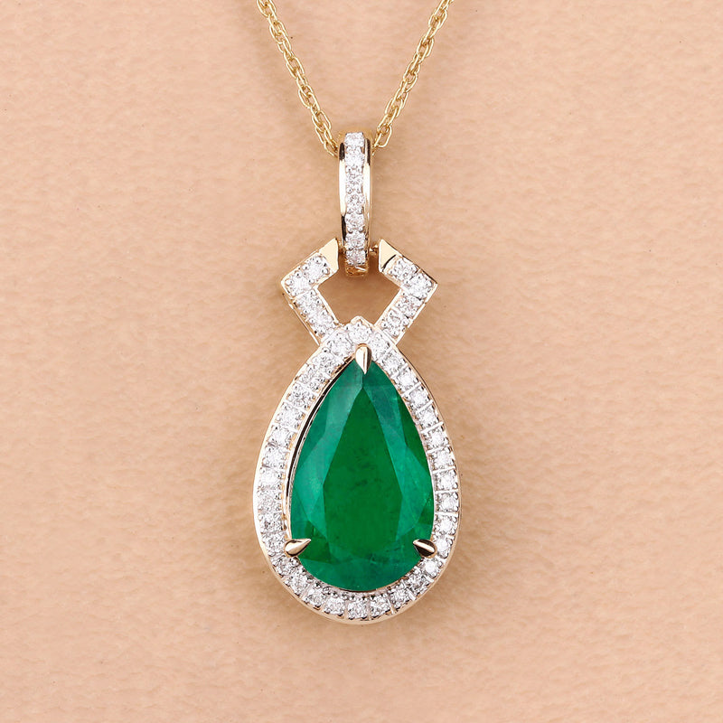 IGI Certified 3.23 Carat Genuine Zambian Emerald and White Diamond 14K Yellow Gold Pendant