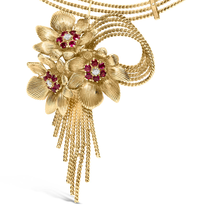 18K Yellow Gold Diamond and Red Ruby Floral Cascade Statement Necklace with 16" Inch Bead Chain (F-G Color, VS1-VS2 Clarity)