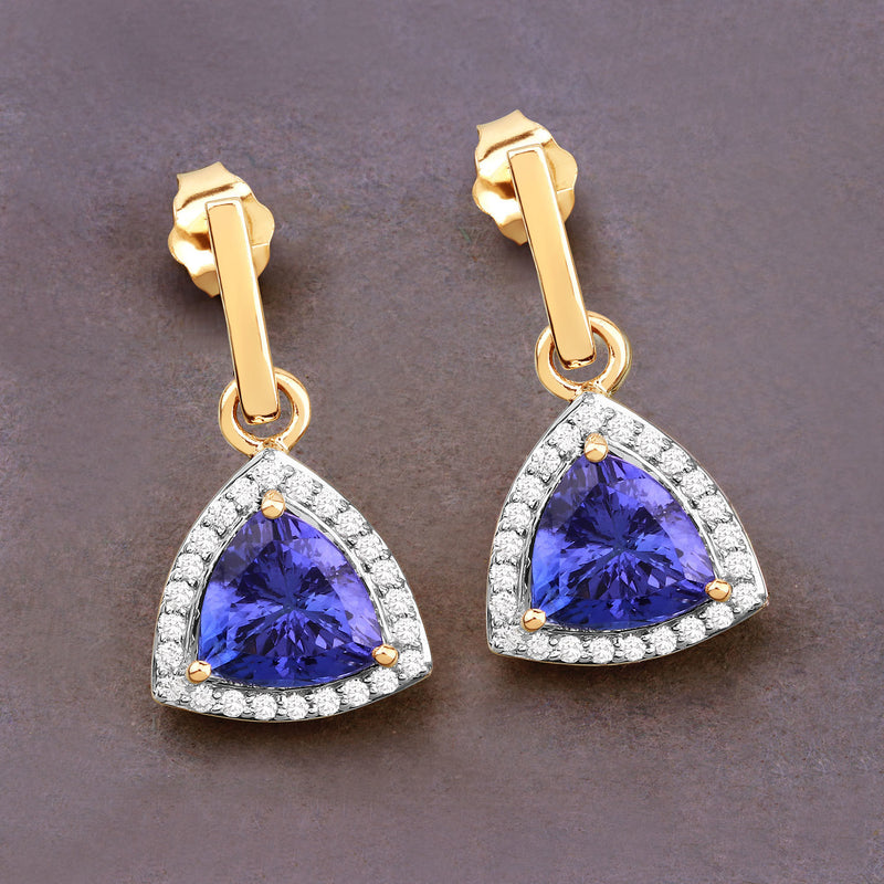 3.86 Carat Genuine Tanzanite and White Diamond 14K Yellow Gold Earrings