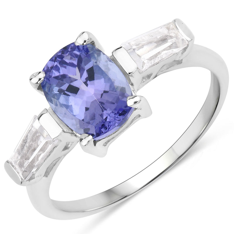 2.00 Carat Genuine Tanzanite and White Topaz .925 Sterling Silver Ring