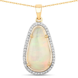 2.60 Carat Genuine Ethiopian Opal and White Diamond 14K Yellow Gold Pendant