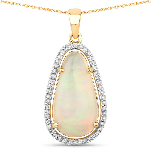 2.60 Carat Genuine Ethiopian Opal and White Diamond 14K Yellow Gold Pendant