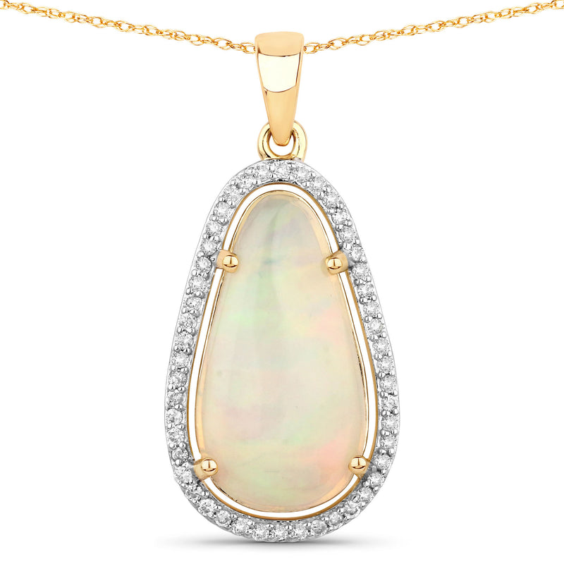 2.60 Carat Genuine Ethiopian Opal and White Diamond 14K Yellow Gold Pendant