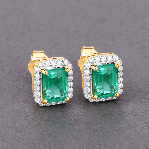 2.09 Carat Genuine Emerald and White Diamond 14K Yellow Gold Earrings