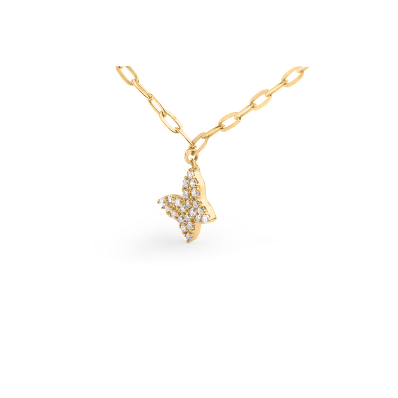 14KT Yellow Gold 1/2 Cttw Diamond Butterfly Station Paperclip Station Necklace (I-J Color, I1-I2 Clarity) - Adjustable 15"-17" Inches