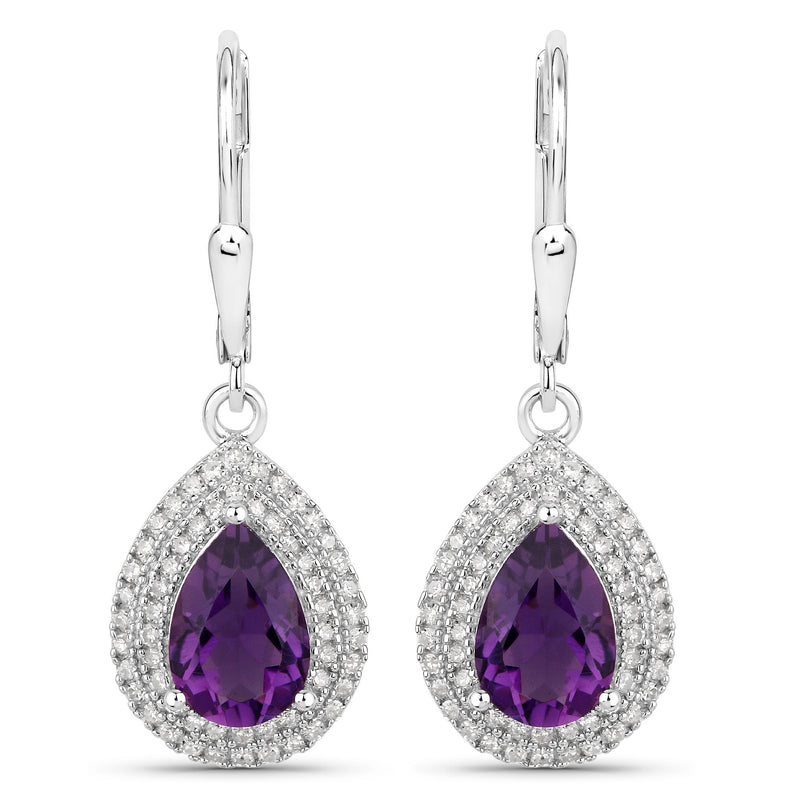 2.77 Carat Genuine Amethyst and White Diamond .925 Sterling Silver Earrings