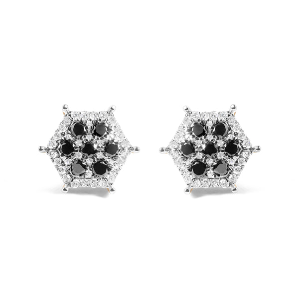 Men's 10K Yellow Gold 7/8 Cttw Black Diamond Hexagon and Pinwheel Halo Stud Earring (I-J Color, I2-I3 Clarity)