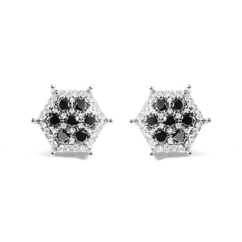 Men's 10K Yellow Gold 7/8 Cttw Black Diamond Hexagon and Pinwheel Halo Stud Earring (I-J Color, I2-I3 Clarity)