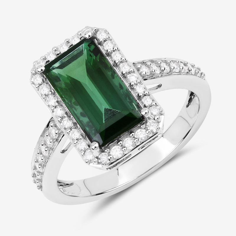 3.06 Carat Genuine Green Tourmaline and White Diamond 14K White Gold Ring