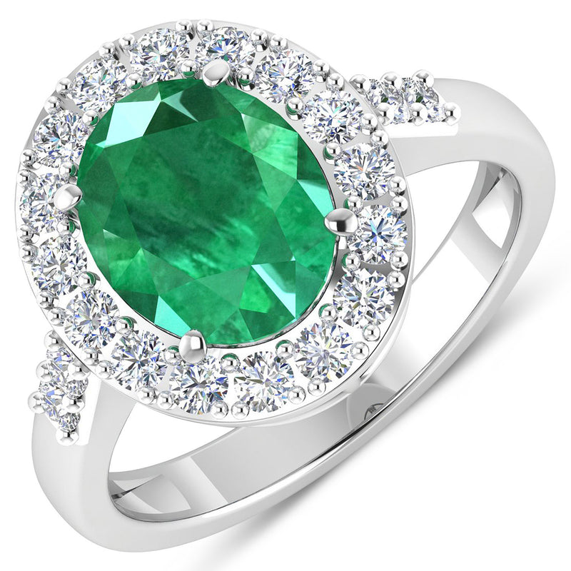 3.04 Carat Genuine Zambian Emerald and White Diamond 14K White Gold Ring