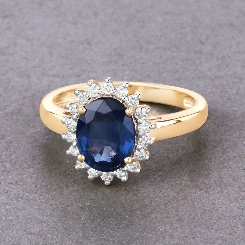 2.51 Carat Genuine Blue Sapphire and White Diamond 14K Yellow Gold Ring