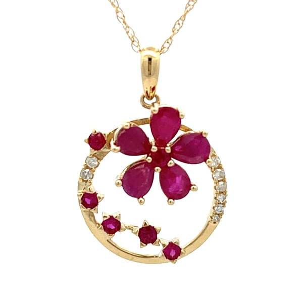 1.08ct Ruby Diamond Flower Pendant 14KT Yellow Gold