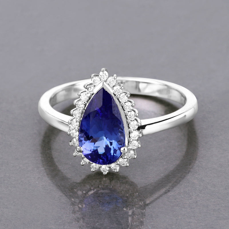 1.57 Carat Genuine Tanzanite and White Diamond 14K White Gold Ring