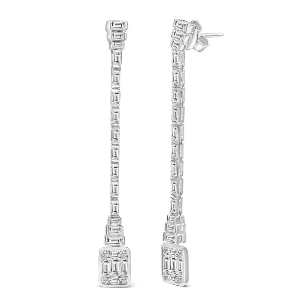 14K White Gold 1 1/2 Cttw Baguette Diamond Composite Mosaic 2" Inch Drop Earrings (E-F Color, VS1-VS2 Clarity)