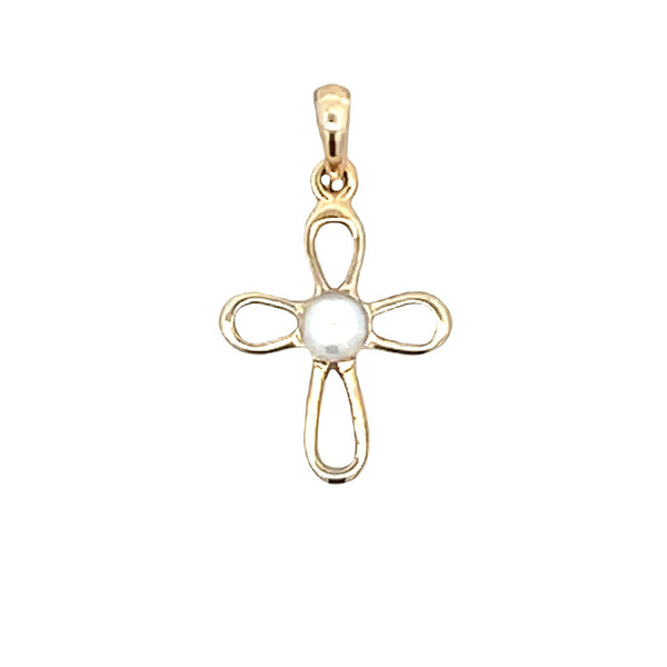 FW Pearl Cross Religious Pendant 10KT Yellow Gold