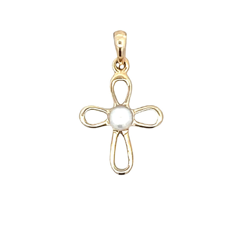 FW Pearl Cross Religious Pendant 10KT Yellow Gold