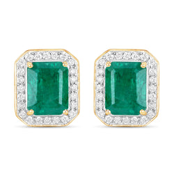 IGI Certified 5.24 Carat Genuine Zambian Emerald and White Diamond 14K Yellow Gold Earrings