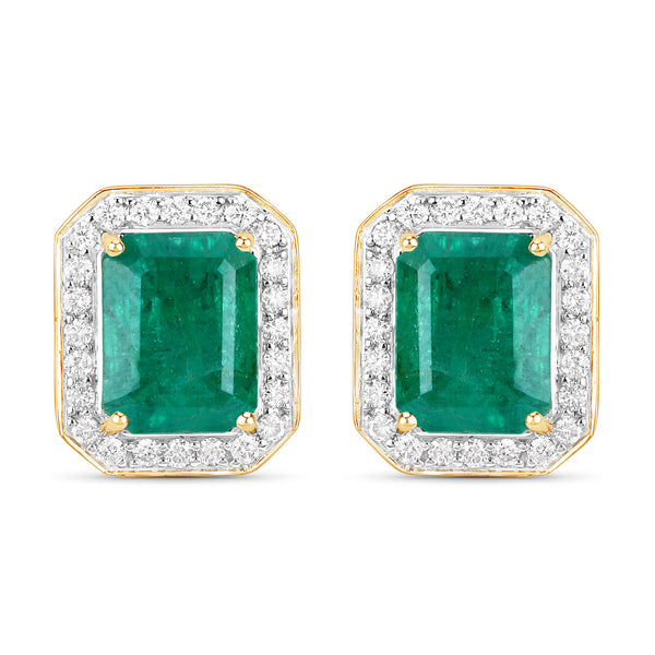 IGI Certified 5.24 Carat Genuine Zambian Emerald and White Diamond 14K Yellow Gold Earrings