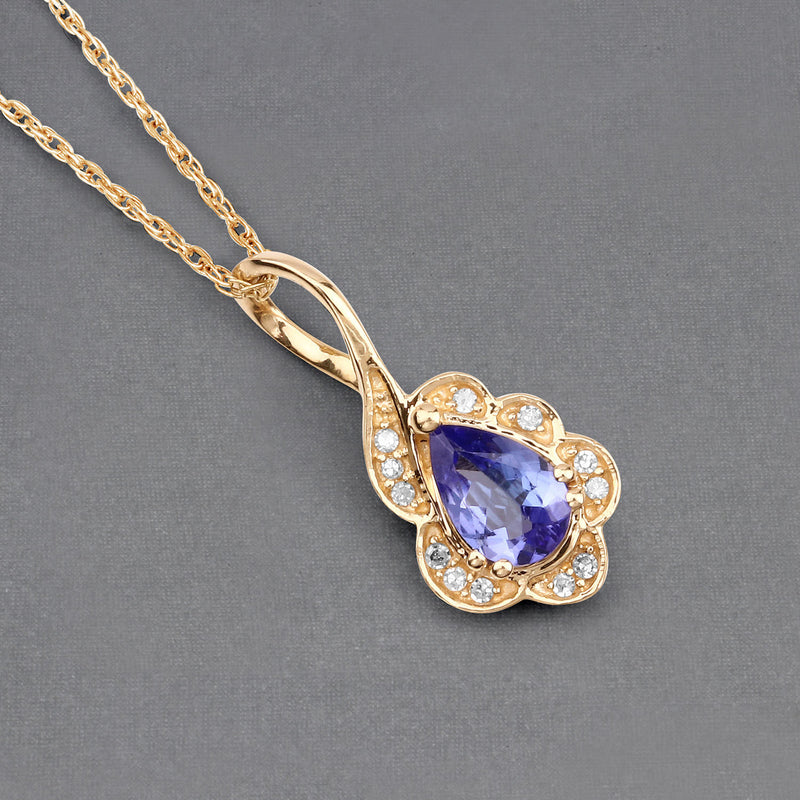 0.40 Carat Genuine Tanzanite and White Diamond 14K Yellow Gold Pendant