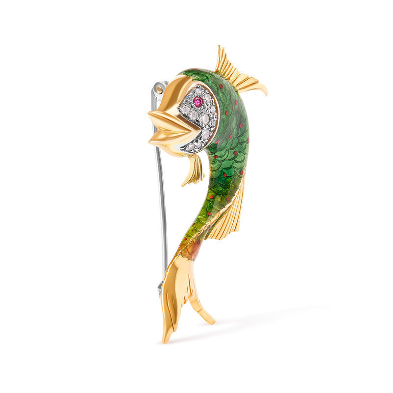 18K Yellow Gold and Green Enamel Diamond and Pink Sapphire Fish Brooch Pin (H-I Color, VS2-SI1 Clarity)