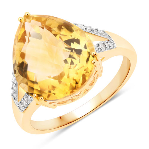 7.37 Carat Genuine Citrine and White Diamond 14K Yellow Gold Ring