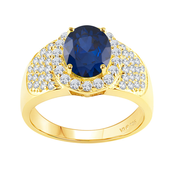 V3 Jewelry 18K Gold Plated Blue Sapphire & White Topaz Pavé Oval Halo Ring