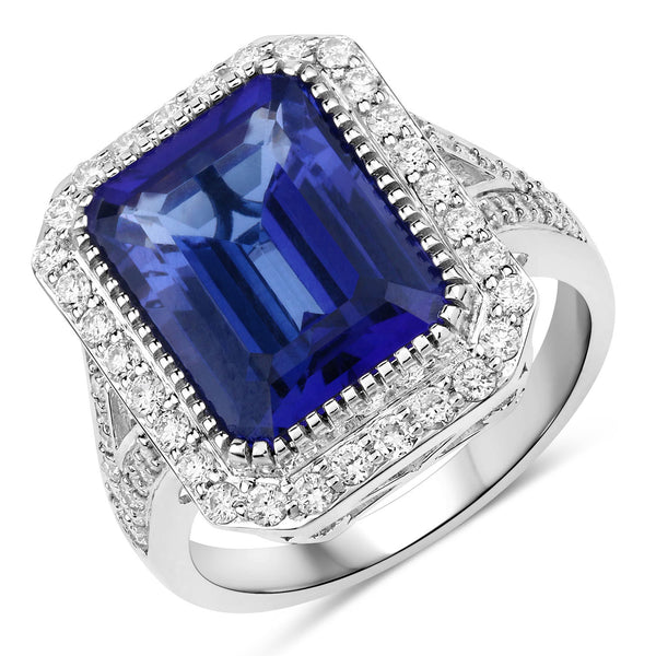 6.51 Carat Genuine Tanzanite and White Diamond 18K White Gold Ring