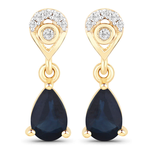 0.89 Carat Genuine Blue Sapphire And White Diamond 10K Yellow Gold Earrings