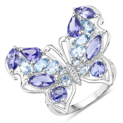 3.60 Carat Genuine Tanzanite and Swiss Blue Topaz .925 Sterling Silver Ring