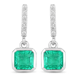 1.48 Carat Genuine Emerald and White Diamond 14K White Gold Earrings