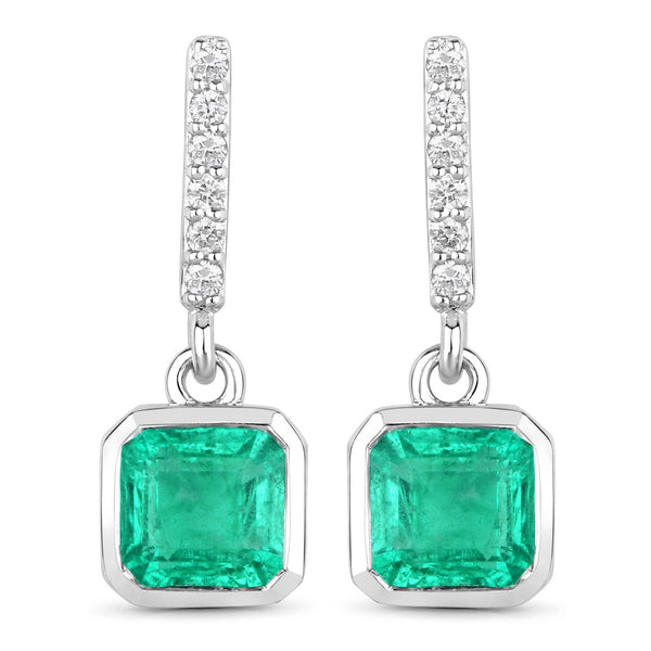 1.48 Carat Genuine Emerald and White Diamond 14K White Gold Earrings