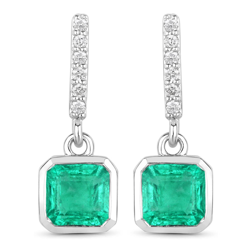 1.48 Carat Genuine Emerald and White Diamond 14K White Gold Earrings