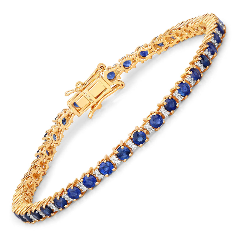 5.56 Carat Genuine Blue Sapphire and White Diamond 14K Yellow Gold Bracelet